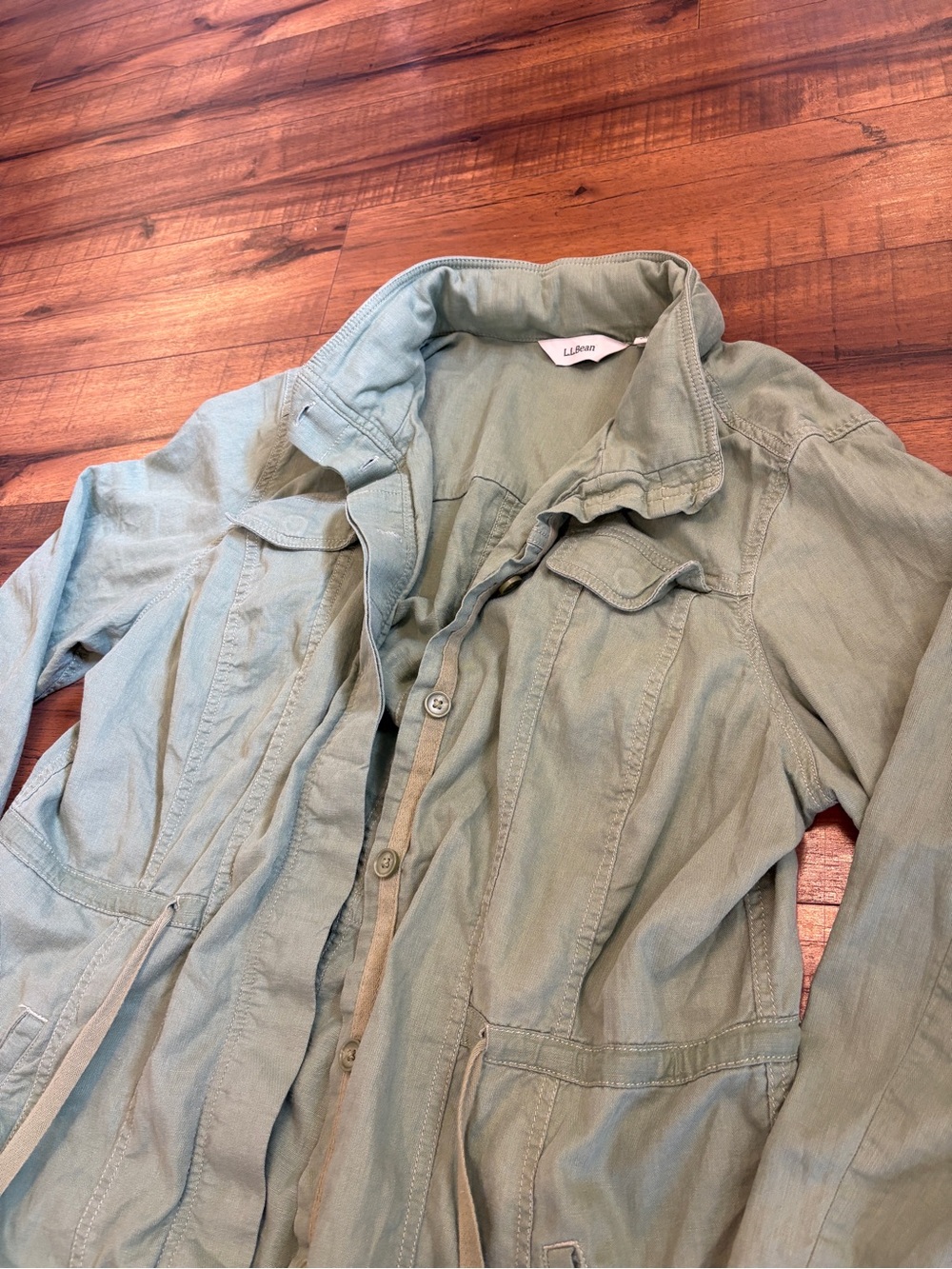 LL Bean Women's Utility Jacket Green Linen Blend Foldaway Stow Hidden Hood Large